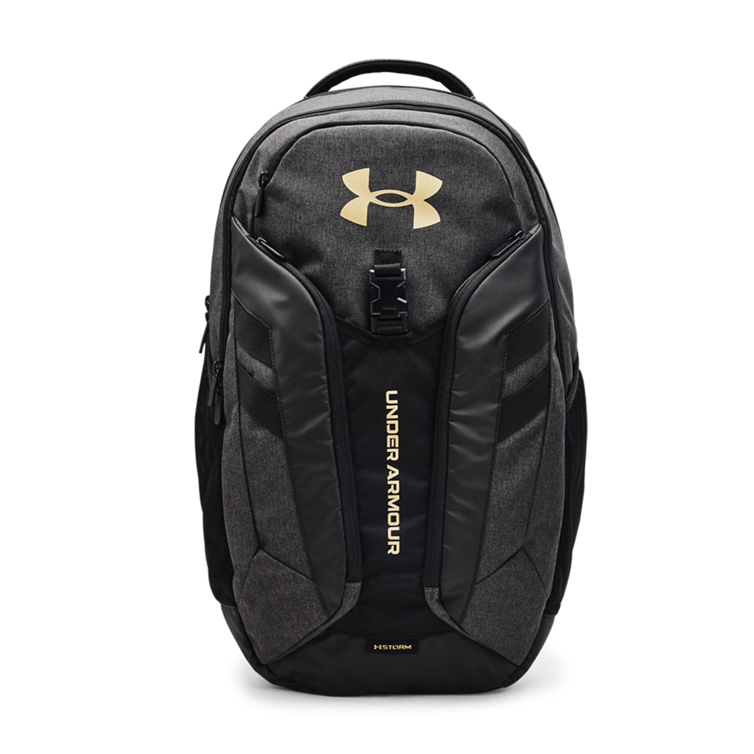 Under Armour Hustle Pro Mochila - Black Medium Heather/Black/Metallic Gold