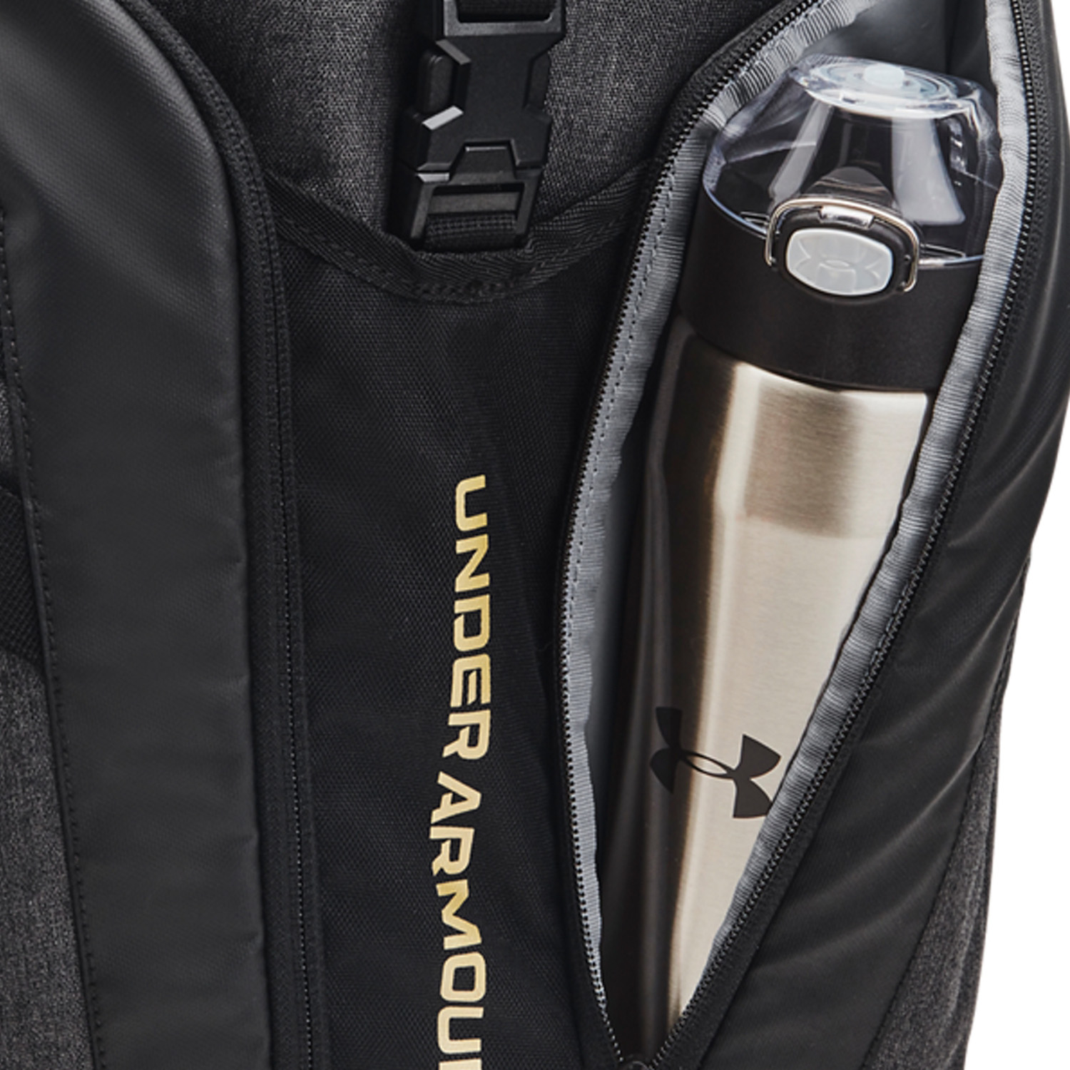 Under Armour Hustle Pro Backpack - Black Medium Heather/Black/Metallic Gold