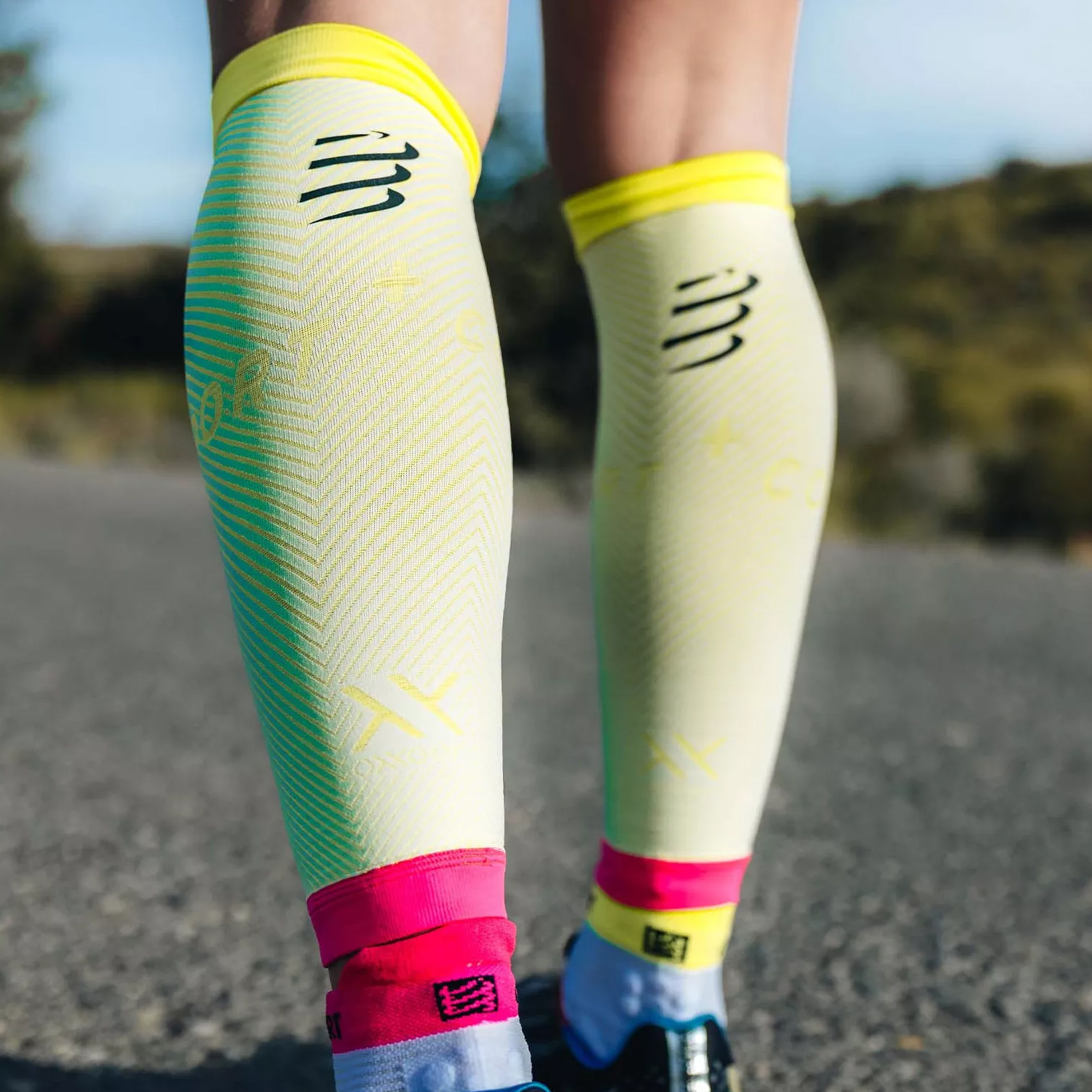 Compressport R2 Oxygen Logo Compression Calf Sleeves - Safe Yellow