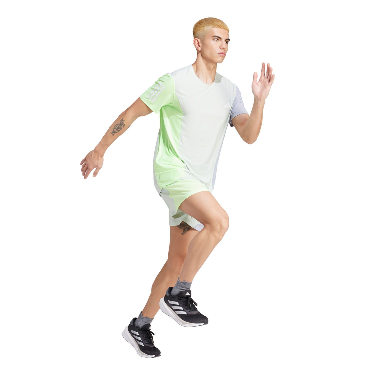 adidas Own The Run Logo 5in Shorts - Linen Green/Green Spark/Halo Silver
