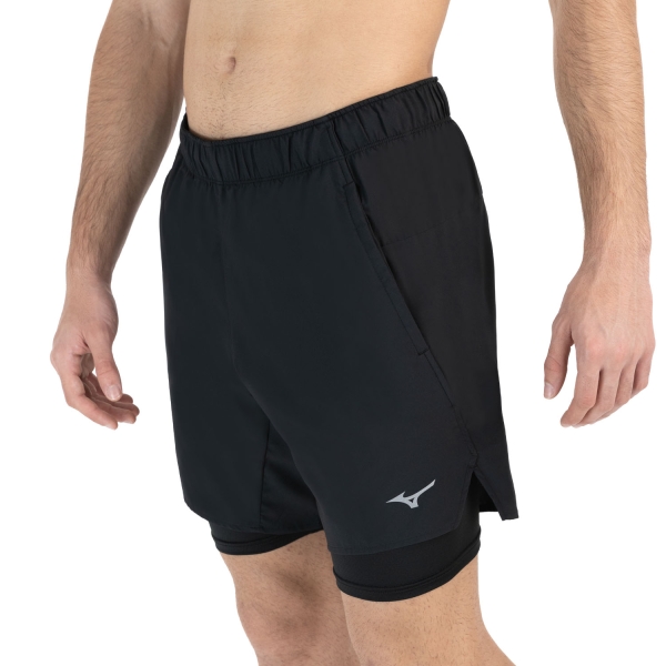 Men's Running Shorts Mizuno Mizuno Core 2 in 1 7.5in Shorts  Black  Black 