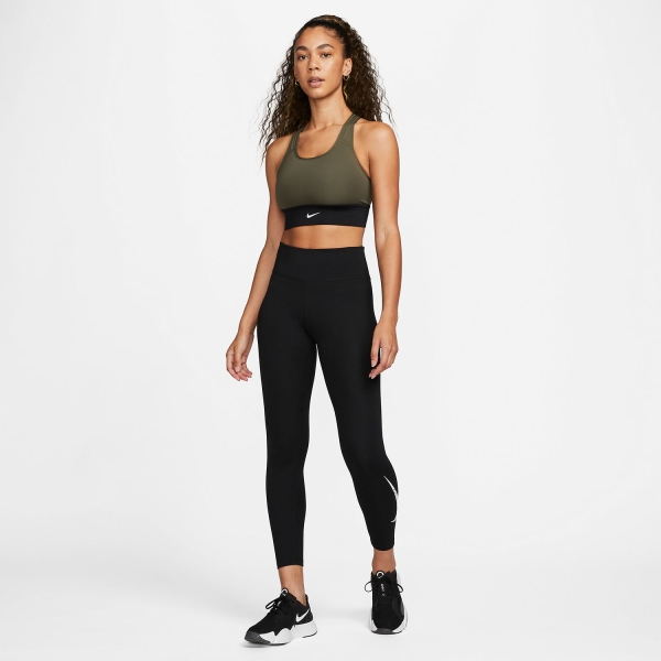 Nike Swoosh Long Line Sujetador Deportivo - Cargo Khaki/Black/White