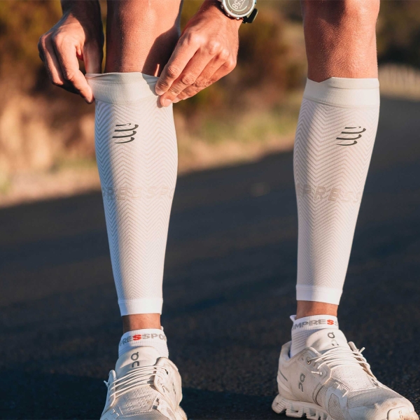 Compressport R2 Oxygen Logo Compression Calf Sleeves - White/Nebel Grey