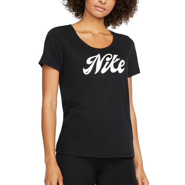 Camisetas Fitness y Training Mujer Nike DriFIT Script Camiseta  Black/White FD2986010