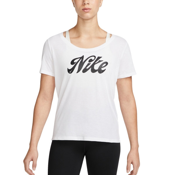Camisetas Fitness y Training Mujer Nike DriFIT Script Camiseta  White/Black FD2986100