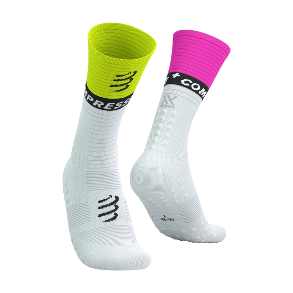Running Socks Compressport Mid Compression V2.0 Socks  White/Safe Yellow/Neo Pink SQTU3540025