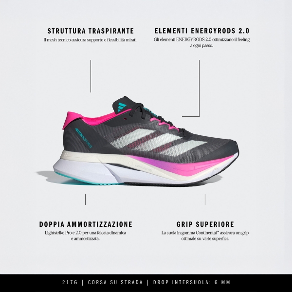adidas adizero Boston 12 - Grey Five/Crystal Jade/Lucid Pink