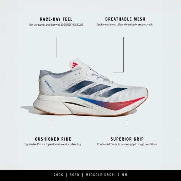 adidas adizero Boston 12 - Core White/Dark Blue/Pure Ruby