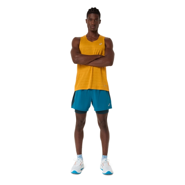 ASICS Road Logo 2 in 1 5in Shorts - Tranquil Teal/Dark Teal/Yamabuki