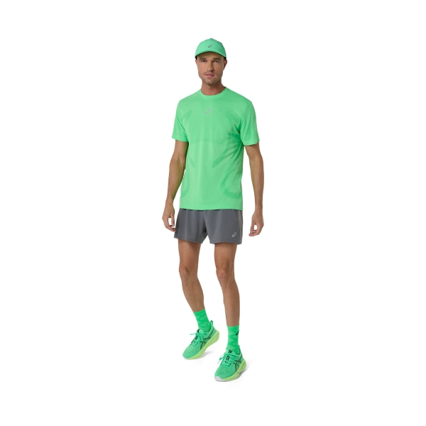 ASICS Road Logo 5in Shorts - Clay Grey/Steel Grey/Illuminante Green